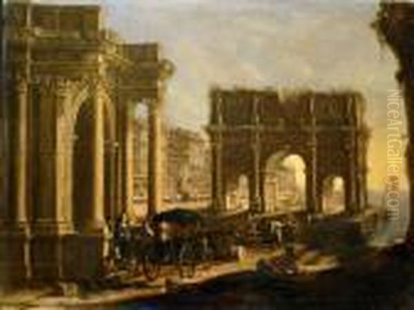 Capriccio Architettonicocostiero
 Con Un Portale Di Ordine Corinzio, L'arco Di Costantino Eun Borgo, E 
Due Personaggi In Costume Galante Presso Un Calesse Conaltri Astanti Oil Painting by Johannes Lingelbach