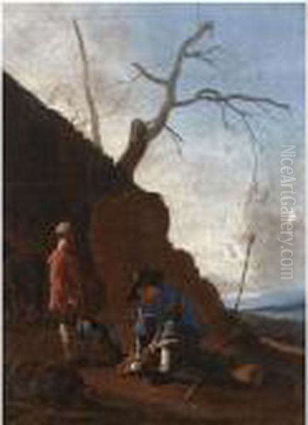 An Italianate Landscape With An 
Old Man Resting On A Tree Trunk On A Path Together With A Young Boy Oil Painting by Johannes Lingelbach