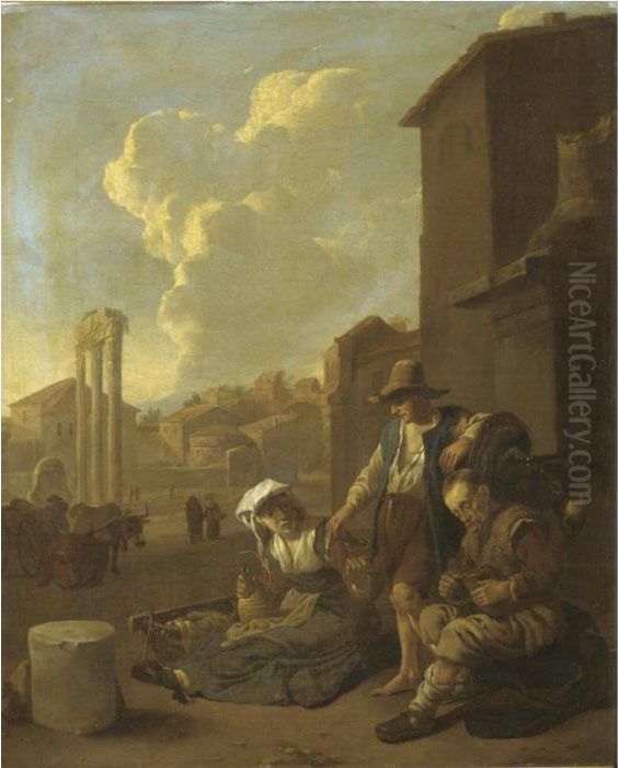 A Roman Street Scene, With A 
Peasant Family Eating And Drinking, The Campo Vaccino Beyond Oil Painting by Johannes Lingelbach