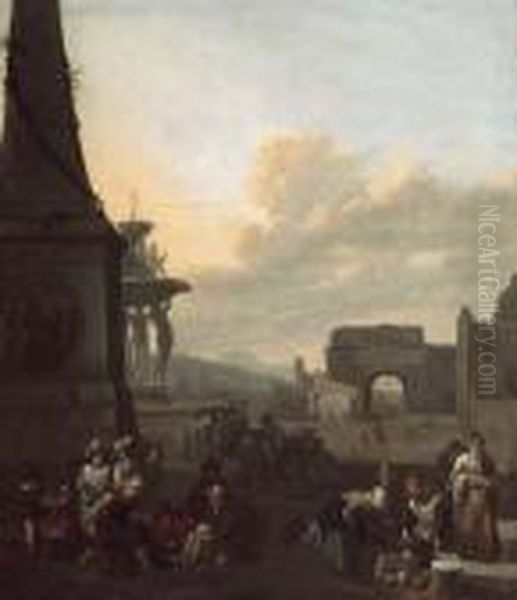 The Piazza Del Popolo, Rome With
 A Shoemaker At Work At The Foot Of The Obelisk And A Vegetable Seller 
Nearby Oil Painting by Johannes Lingelbach