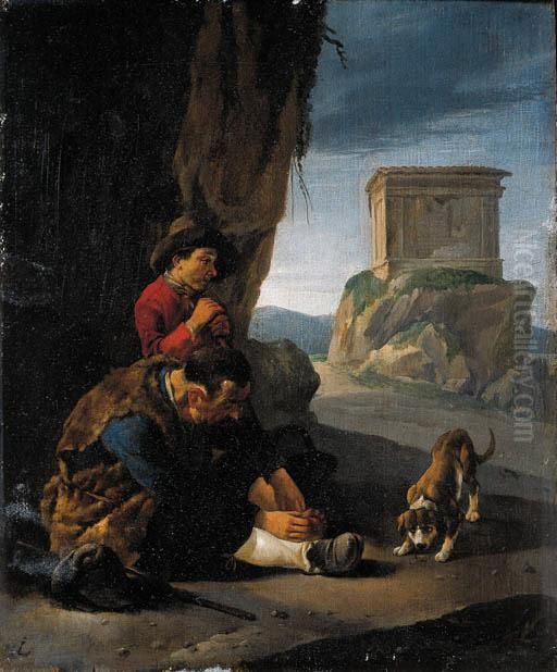 Vagabonds Resting By A Cliff On A
 Pass; And A Peasantwoman With Herchildren Resting By A Fence In 
Italianate Landscapes Oil Painting by Johannes Lingelbach