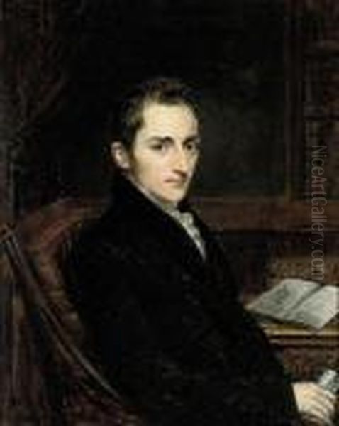 Portrait Of Dr Robert Gooch 
(1784-1830), Half-length, In A Blackcoat Holding A Book In His Hand Oil Painting by John Linnell