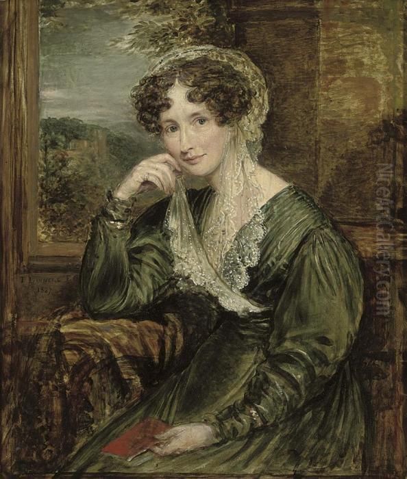 Portrait Of Madame De Wouters, 
Nee Baronne De Barbier, Three-quarter-length, Seated, In Green Dress 
With A Lace Veil, Holding A Book At A Window, A Wooded Landscape Beyond Oil Painting by John Linnell