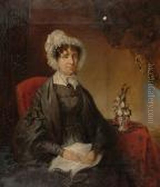 Portrait Of Mrs Ann Clowes 
Seated In An Interior, Wearing A Black Dress And A White Bonnet Oil Painting by John Linnell