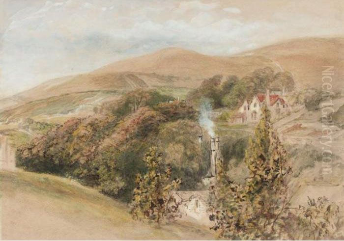 Cottages In A Hilly Landscape; Study Of A Lake And Woodland Oil Painting by John Linnell