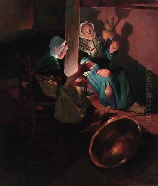 Fileuses a la bougie Oil Painting by Ferdinand Loyen Du Puigaudeau