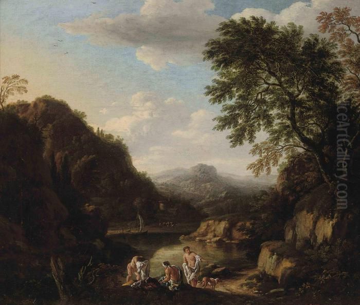 A Wooded River Landscape With Bathers Oil Painting by Andrea Locatelli