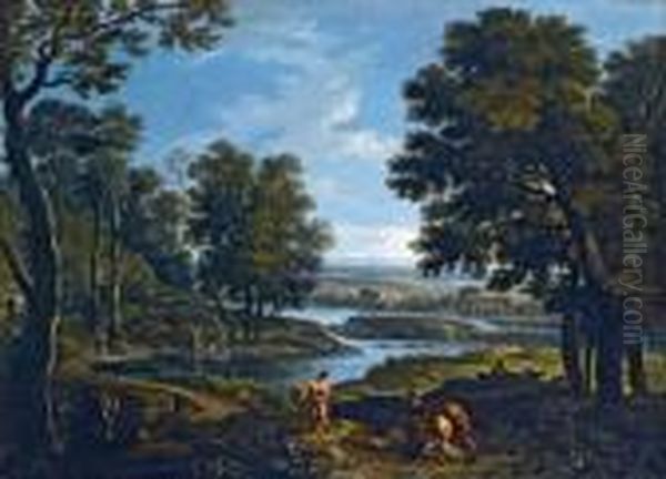 Paesaggio Fluviale Con Lavandaie E Pastori Oil Painting by Andrea Locatelli