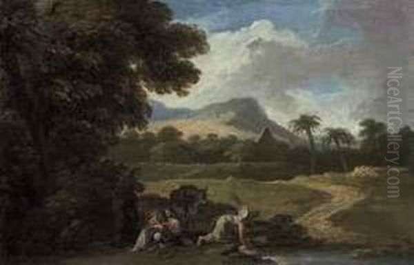 An Exotic Landscape With The Rest On The Flight Into Egypt Oil Painting by Andrea Locatelli