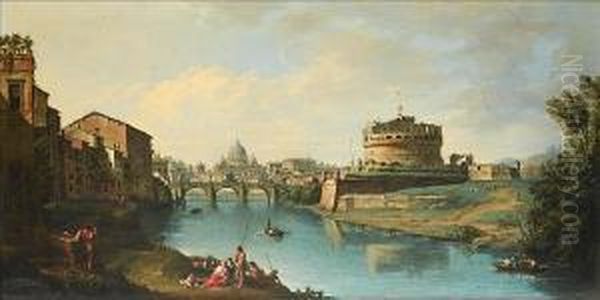 View Of The Tiber Looking 
Towards The Castel Sant'angelo, With Saint Peter's In The Distance Oil Painting by Andrea Locatelli