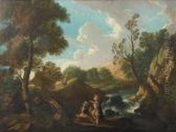 An Italianate Landscape With 
Classical Warriors Resting Beside A Waterfall, Travellers On A Path 
Beyond Oil Painting by Andrea Locatelli