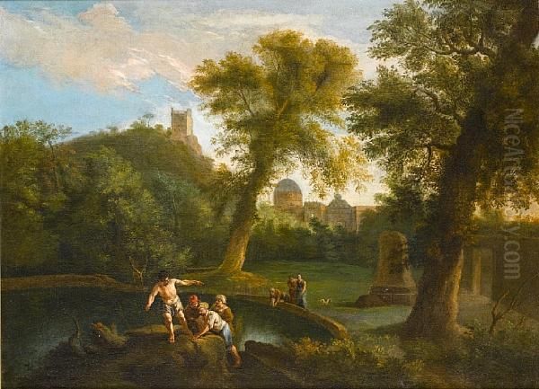 An Italianate Landscape With 
Washerwomen Andfigures Resting On Rocks Beside A Pool, A City In 
Thedistance Oil Painting by Andrea Locatelli