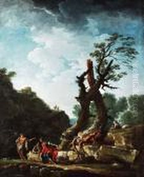 Arkadische Landschaft Mit Zwei
 Alten Eichenbaumen, Bergfestung Oil Painting by Andrea Locatelli