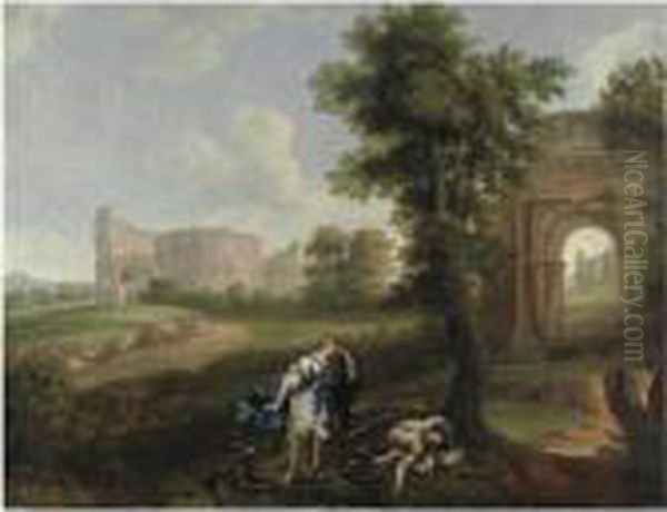 Paesaggio Romano Con Margherita 
Da Cortona Che Ritrova Il Corpo Dell'amante, L'arco Di Tito E Il 
Colosseo Sul Fondo Oil Painting by Andrea Locatelli