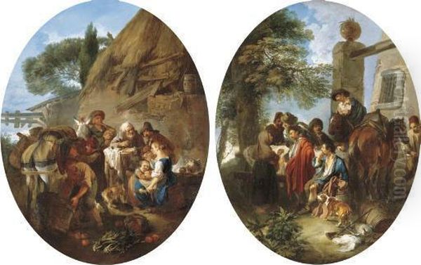 Peasants Eating And Drinking By A
 Cottage; And A Hunting Party Resting In A Wooded Landscape Oil Painting by Andrea Locatelli