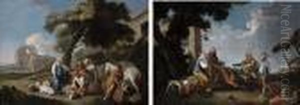 An Italianate Landscape With 
Shepherds And Their Flock With Other Workers At Rest Under A Tree, Ruins
 Beyond; And An Italianate Landscape With Peasants At Rest By An Inn Oil Painting by Andrea Locatelli