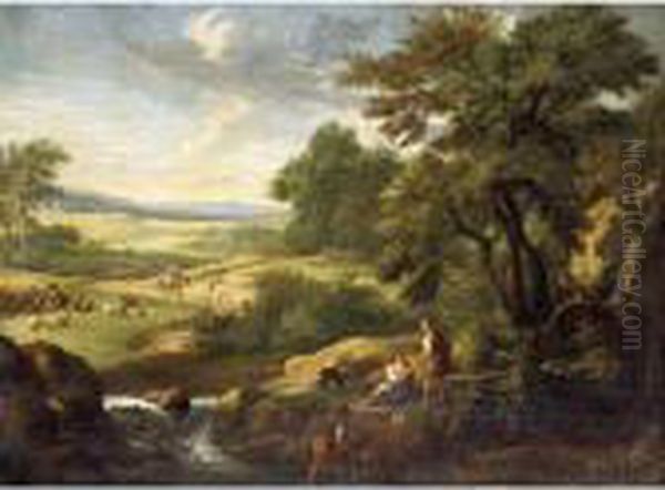 A Southern Landscape With 
Fishermen At The Edge Of A Brook, A Shepherd And Travellers Beyond Oil Painting by Andrea Locatelli