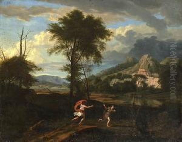 Apoll Und Daphne In Klassischer
 Landschaft - Klassische Landschaft Mit Hirtenpaar. Oil Painting by Andrea Locatelli
