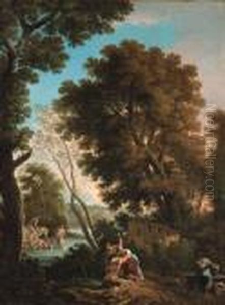 An Arcadian Landscape With 
Washerwomen, A Shepherd And Sheperdesscrossing A Stream Beyond Oil Painting by Andrea Locatelli