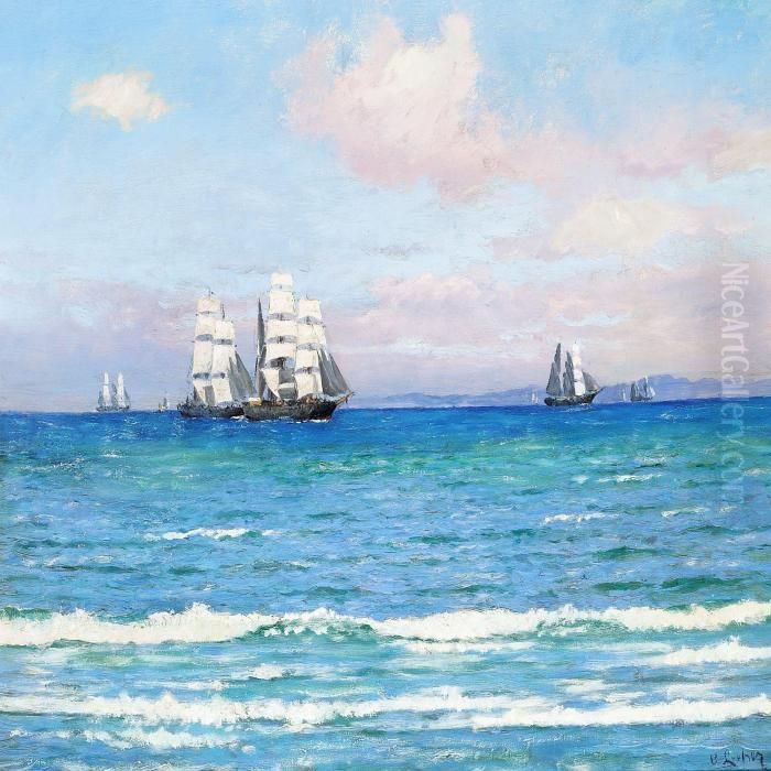 Seascape With Ships Off Kullen, Sweden Oil Painting by Carl Locher