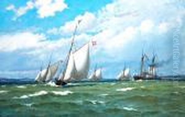 Ships In Escadre, Strong Breeze,
 Off The Shore Of Bjornsknude By Juelsminde. Signed Carl Locher Oil Painting by Carl Locher