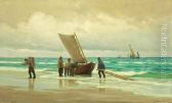 Costal Scene With Fishermen 
Landing Their Boat At The Beach. Signed Carl Locher, Skagen 1906 Oil Painting by Carl Locher