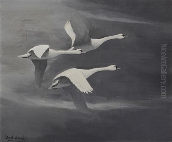 Swans In Flight Oil Painting by George Edward Lodge