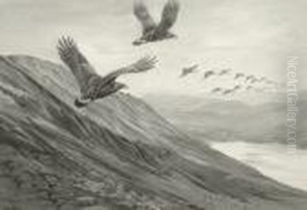 The Pursuit - Eagles And Geese Oil Painting by George Edward Lodge