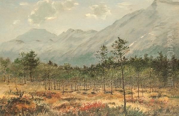 Capercaillies In A Wooded Norwegian Landscape Oil Painting by George Edward Lodge