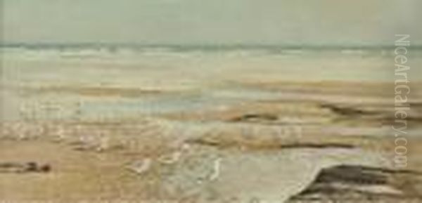 Seagulls On A Beach Oil Painting by George Edward Lodge