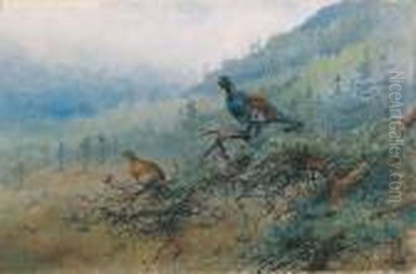 A Pair Of Capercaillie In A Scottish Landscape; And Mallard On Apond Oil Painting by George Edward Lodge