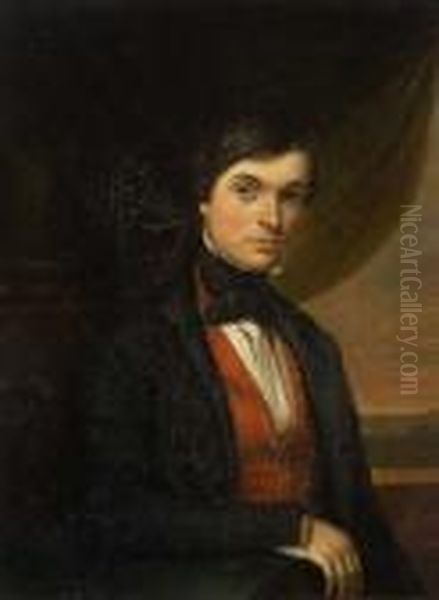 Half Length Portrait Of A Young 
Gentleman Seated Beside A Classical Column, And A Draped Window Oil Painting by Luigi Loir