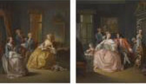 An Interior Scene With A Lady 
Having Her Hair Coiffured, Seatedbeside A Child And A Man, Two Maids 
Beyond Oil Painting by Pietro Longhi
