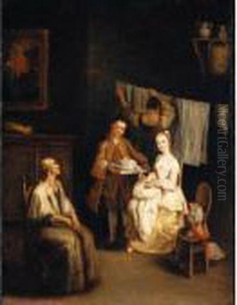 An Interior With A Boy-servant 
Bringing A Young Lady A Bonnet, An Elderly Lady Seated Nearby And A Maid
 Hanging Laundry Beyond (' Oil Painting by Pietro Longhi