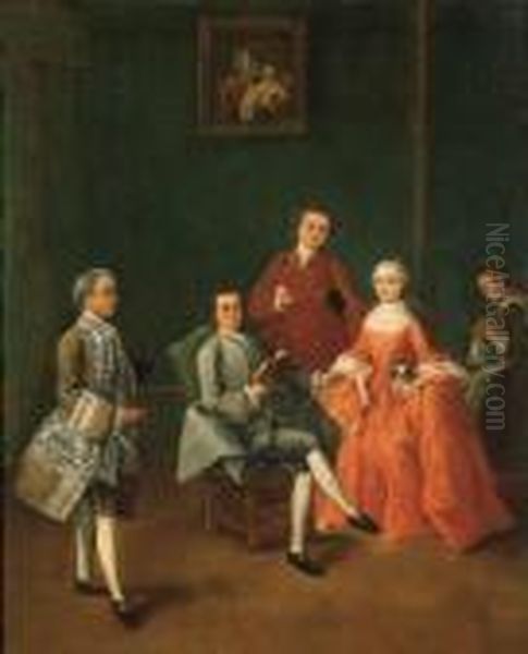 La Lettura: Tre Cavalieri In 
Abito Galante, Una Dama Con Cagnolinoe Una Domestica In Un Interno 
Veneziano Oil Painting by Pietro Longhi
