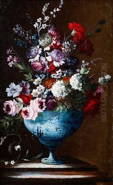 Roses, Carnations, Jasmine And 
Other Flowersin A Blue And White Porcelain Vase On A Stone Ledge; And 
Roses,peonies, Jasmine And Other Flowers In A Blue And White 
Porcelainvase On A Stone Ledge Oil Painting by Gasparo Lopez