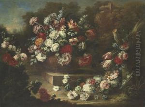 Roses, Tulips, Carnations And 
Other Flowers In An Urn, With Otherflowers Beside, In A Landscape Oil Painting by Gasparo Lopez