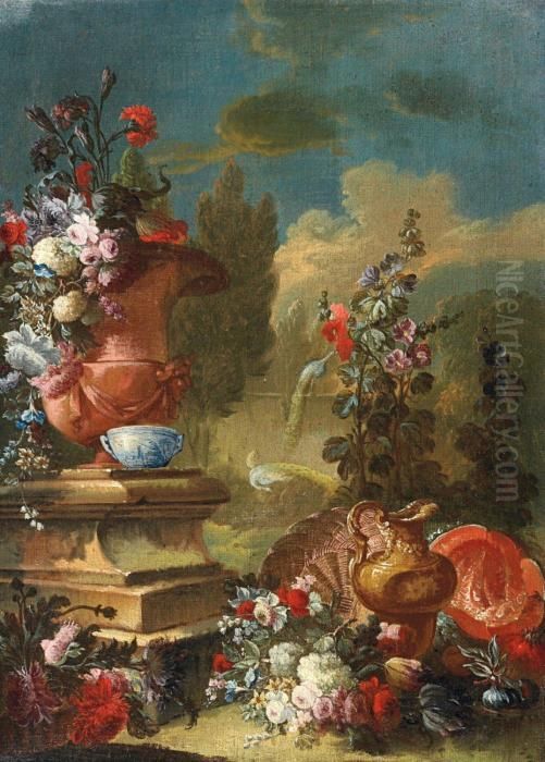 Stillleben Mit Blumen,fruchten Und Grosser Steinvase Vor Einer Parklandschaft Oil Painting by Gasparo Lopez