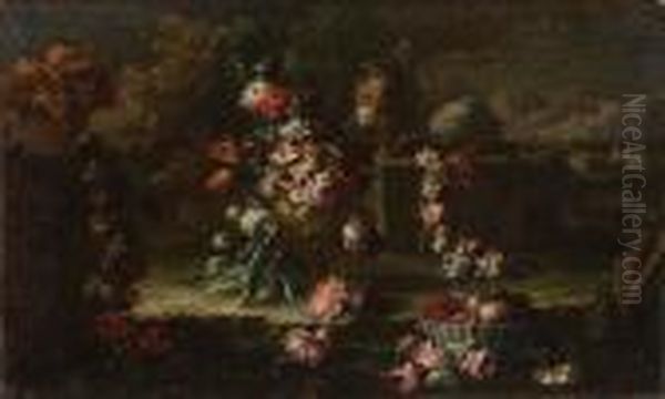 Vaso Con Fiori, Tralci Fioriti E
 Cestino Di Frutta In Un Giardino, Vasi Di Terracotta Su Una Balaustra E
 Paesaggio Sullo Sfondo Oil Painting by Gasparo Lopez