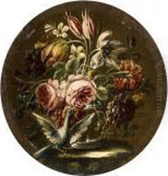 Rose, Tulipani, Garofani In Un 
Vaso Di Vetro Con Colombo; E Rose, Garofani E Campanule In Un Vaso Di 
Vetro Con Colombo Oil Painting by Gasparo Lopez