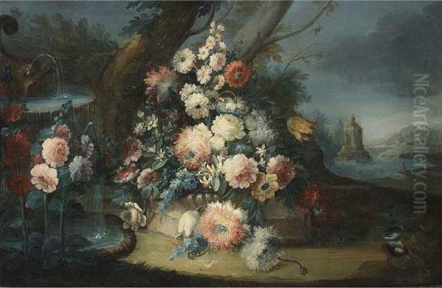 A Still Life Of Roses, Tulips, 
Larkspur, Anemones And Other Flowers, In A Landscape Near A Fountain, A 
River Landscape With A Fisherman Beyond;
 A Still Life Of Roses, Tulips, Larkspur And Other Flowers, Near A 
Classical Ornament With A Stone Vase, Oil Painting by Gasparo Lopez