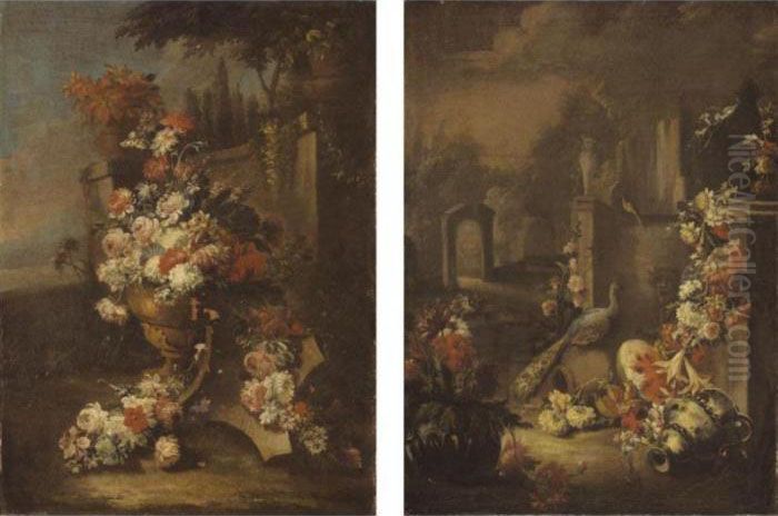 A Still Life With A Vase Of 
Flowers Together With Floral Garlands, A Watermelon, A Ewer, In A 
Parkland Setting Oil Painting by Gasparo Lopez