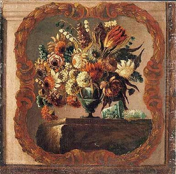 Serie De Nueve Floreros Sobre 
Repisas Enmarcados Por Cartelas Vegetales Y Arquitectura Fingida Oil Painting by Gasparo Lopez
