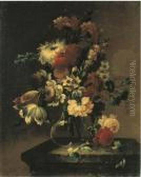 Rose, Campanule, Narcisi, 
Garofani E Altri Fiori In Un Vaso Di Vetro Su Un Piano Di Pietra Oil Painting by Gasparo Lopez