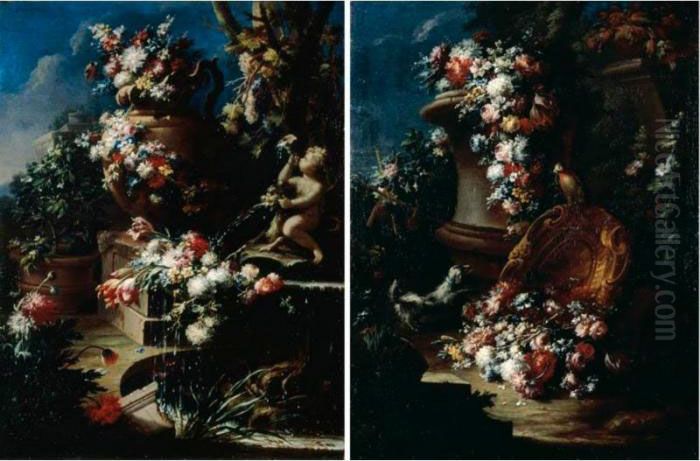 Still Lifes Of Garlands Of 
Flowers Adorning Statues, Urns And A Fountain In Garden Settings Oil Painting by Gasparo Lopez