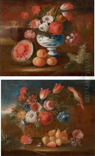 A) Cesto Di Fiori Con Prugne E Pere E Pappagallo - B) Vaso Di Fiori Con Cocomero E Mele Oil Painting by Gasparo Lopez