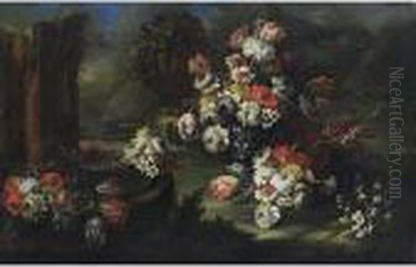 A Still Life With Tulips, 
Hyacinths, French Marigolds, Daffodils, Poppy Anemones And Other Flowers
 In A Silver Vase, Together With Tulips, Peonies, Snowballs, French 
Marigolds, Poppy Anemones And Daffodils Near A Fountain, All In A Garden
 Setting Oil Painting by Gasparo Lopez