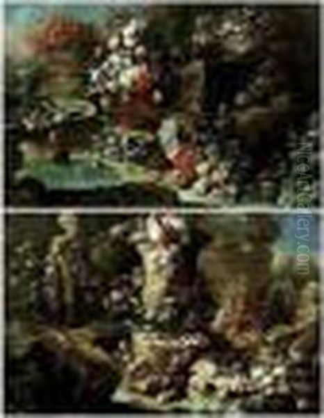 An Ornamental Garden With A 
Still Life Of Flowers In Vases And Baskets, A Fountain Nearby Oil Painting by Gasparo Lopez