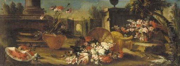 An Upturned Straw Basket With 
Carnations, Roses And Tulips With A Jug, Watermelon And A Further Basket
 Of Flowers Before A Pillar In A Formal Garden Oil Painting by Gasparo Lopez