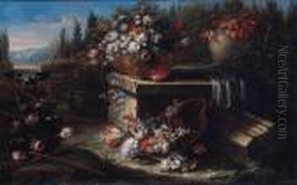 Still Life Of Mixed Flowers In A Bowl On A Draped Ledge Oil Painting by Gasparo Lopez